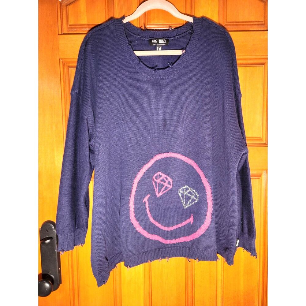Logo Smiley World Navy Sweater Pink Embroidered Smiley Distressed Size 2X